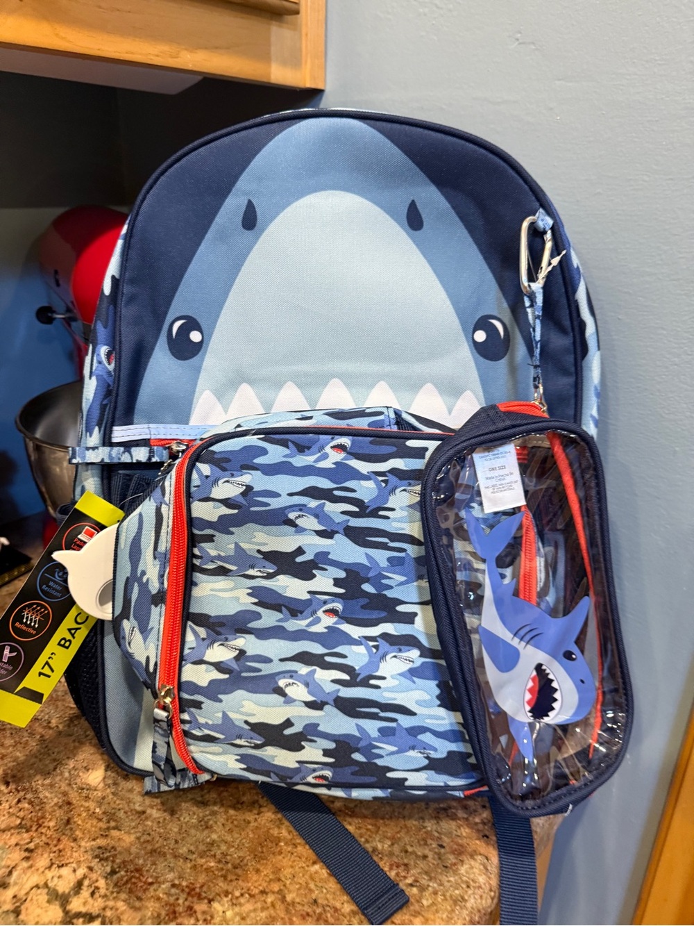 Kids Blue Shark Backpack with Clear Shark Pouch Lunch Box Shark Charm 4 pieces